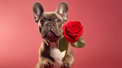 Poster  Adorable French Bulldog dog holding a red rose as a Valentine's Day gift, isolated on pastel background © ALL YOU NEED
