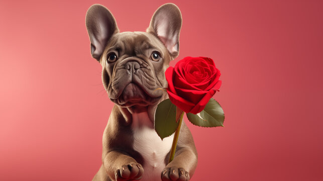 
Adorable French Bulldog dog holding a red rose as a Valentine's Day gift, isolated on pastel background