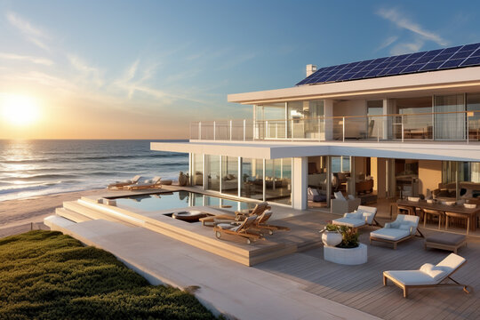 Beautiful house with solar panels on the roof under a bright sky. Sustainable and clean energy at a new eco friendly home.