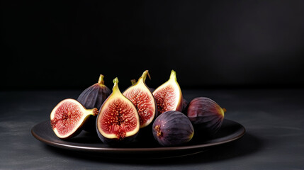 Fresh figs on black plate. Dark background. Close up. generative ai