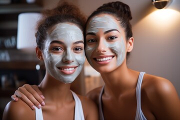 Two Hispanic young women posing for the camera with facial mask for beauty treatments at home or spa.