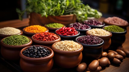 All kinds of different types of beans in simple pots on a wooden table: black beans, red beans, white beans, fabes, broad beans, alluvian chickpeas, green lentils, black lentils. - obrazy, fototapety, plakaty
