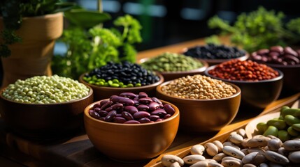 All kinds of different types of beans in simple pots on a wooden table: black beans, red beans, white beans, fabes, broad beans, alluvian chickpeas, green lentils, black lentils.