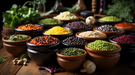 All kinds of different types of beans in simple pots on a wooden table: black beans, red beans, white beans, fabes, broad beans, alluvian chickpeas, green lentils, black lentils.