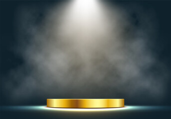 Golden podium with smoke illuminated by spotlights. Empty pedestal for award ceremony. Vector illustration. - obrazy, fototapety, plakaty