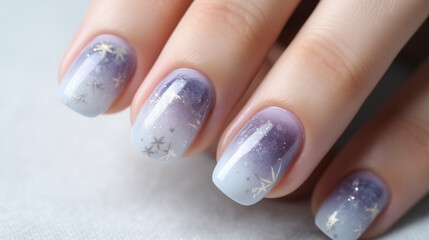 Manicured female hand showing short squoval winter wedding nail art ideas. Light pink-dark purple-white ombre with hand-drawn silver star shapes.