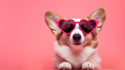 St. Valentine's Day card concept. Funny puppy dog corgi in red heart shaped glasses isolated on pink background - Powered by Adobe