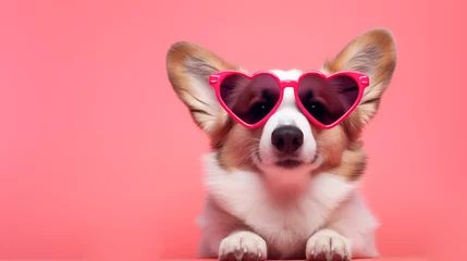 Foto op Plexiglas St. Valentine's Day card concept. Funny puppy dog corgi in red heart shaped glasses isolated on pink background © ALL YOU NEED studio