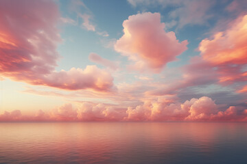 Sunset over the sea horizon. Soft pink, light orange, light cyan; the minimal concept of calming, dreamlike, landscapes. Ethereal cloudscapes in soft hues of a sunset in summer. - obrazy, fototapety, plakaty