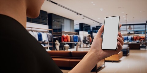 Caucasian female using her phone in vertical orientation, clothing store in bg - Powered by Adobe