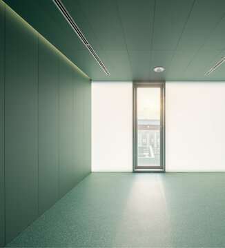 Empty green room with closed glass door in modern hospital
