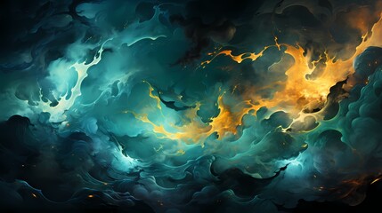 Close-up of liquid flames in a mesmerizing fusion of emerald and jade green colors, creating a lush and enchanting scene in a surreal landscape - obrazy, fototapety, plakaty