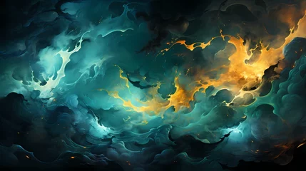 Poster Close-up of liquid flames in a mesmerizing fusion of emerald and jade green colors, creating a lush and enchanting scene in a surreal landscape ©  ALLAH LOVE