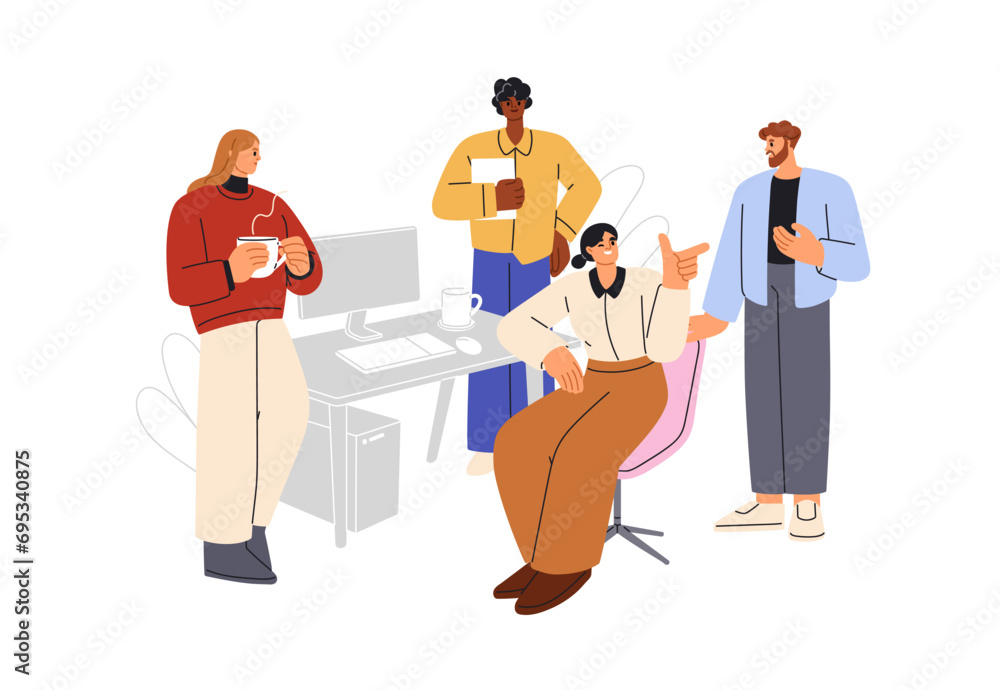 Poster work and informal communication at workplace. colleagues team conversation, discussion. office worke