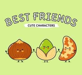 Cute, funny happy Brazilian nut, Pistachio and Hazelnut. Vector hand drawn cartoon kawaii characters, illustration icon. Funny cartoon Brazilian nut, Pistachio, Hazelnut mascot friends concept