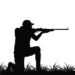 Deer hunter vector silhouette on white background. Icon of hunt man. Shooter with rifle - obrazy, fototapety, plakaty