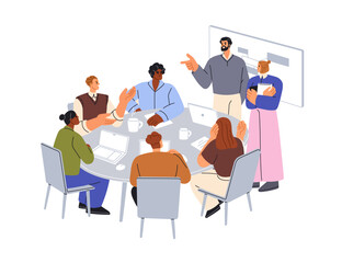 Business meeting at conference table. Office team, employees at brainstorm, work discussion. Corporate communication, teamwork, collaboration. Flat vector illustration isolated on white background