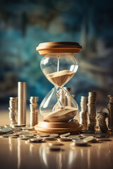Sand clock and coins stack, time to pay concept, time for savings money concept, banking and business idea, AI Generative.