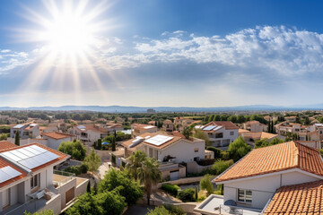 Obraz premium Beautiful house with solar panels on the roof under a bright sky. Sustainable and clean energy at a new eco friendly home.