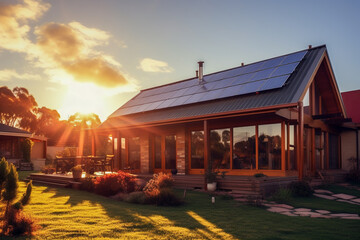 Beautiful house with solar panels on the roof under a bright sky. Sustainable and clean energy at a new eco friendly home.