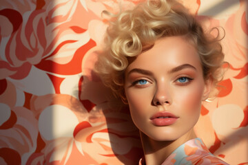 Fototapeta premium Close-up of a model's face with fashion makeup, her shadow casting an intriguing pattern on the pastel, minimalist background, highlighting her striking features