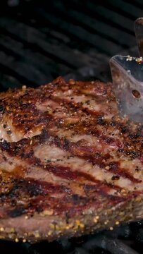Grilled meat steak on stainless grill depot with flames on dark background. Food and cuisine concept.