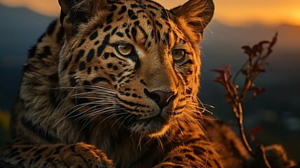 Portrait of a leopard in the sunset. Golden hour photography, generative AI. 