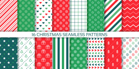 Seamless pattern. Merry Christmas backgrounds. Set Xmas prints. Textures with candy cane stripes, polka dot, snowflakes, tree and check. Holiday packing papers for scrap design. Vector illustration