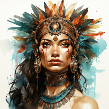watercolor Aztec Queen Warriors Temple clipart, Generative Ai
