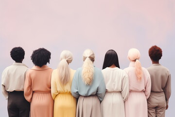 Diverse group of people standing with their backs turned to the camera in pastel colored clothes. Women and men of different ethnicities and hair styles in back view. Unity, Diversity, Banner Concept