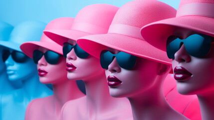 A row of female mannequins with pink hats red lipstick and sunglasses against blue background. Creative concept of beauty standards, stereotypes, female power, and women's rights concept.
