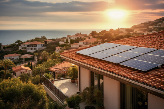 Beautiful house with solar panels on the roof under a bright sky. Sustainable and clean energy at a new eco friendly home.