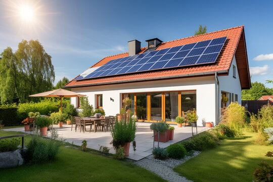 Beautiful house with solar panels on the roof under a bright sky. Sustainable and clean energy at a new eco friendly home.