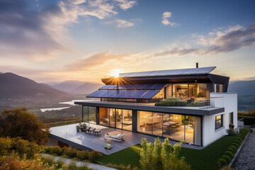 Beautiful house with solar panels on the roof under a bright sky. Sustainable and clean energy at a new eco friendly home.