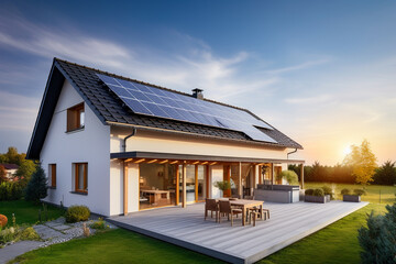 Beautiful house with solar panels on the roof under a bright sky. Sustainable and clean energy at a new eco friendly home. - obrazy, fototapety, plakaty