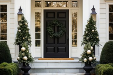 Fototapeta na wymiar american suburban white color house front black door elegant minimal christmas tree and wreath decorations