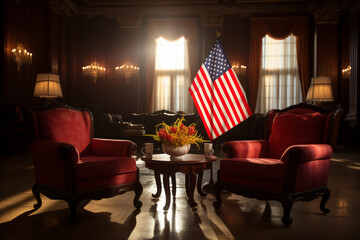 Cozy office with armchairs, table and US flag - obrazy, fototapety, plakaty