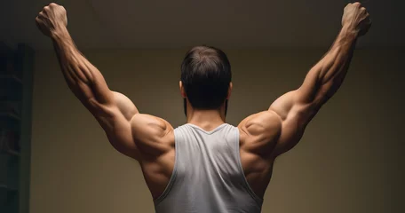 Poster Out stretched arms man young healthy view Rear arm athlete back background backward bicep black body bodybuilder bodybuilding calorie diet exercise fitness flexing hand health care human © Lucky Ai