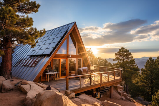 Beautiful house with solar panels on the roof under a bright sky. Sustainable and clean energy at a new eco friendly home.