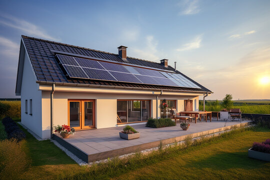 Beautiful house with solar panels on the roof under a bright sky. Sustainable and clean energy at a new eco friendly home.