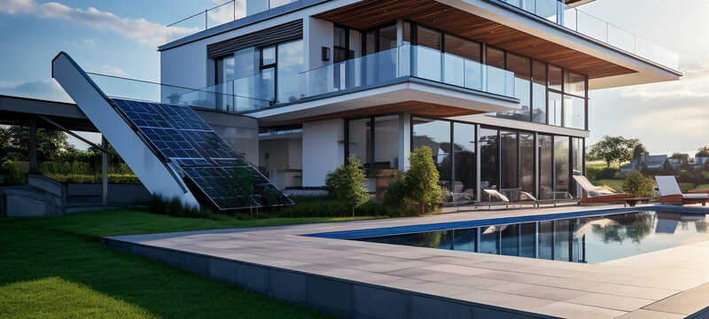 Beautiful house with solar panels on the roof under a bright sky. Sustainable and clean energy at a new eco friendly home.