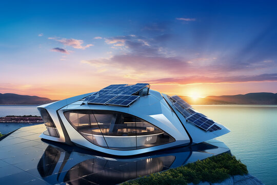 Beautiful house with solar panels on the roof under a bright sky. Sustainable and clean energy at a new eco friendly home.