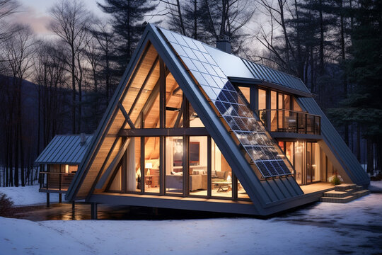 Beautiful house with solar panels on the roof under a bright sky. Sustainable and clean energy at a new eco friendly home.