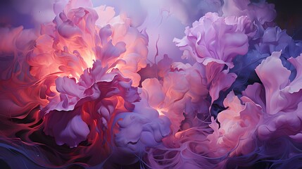Close-up of liquid flames in an enchanting fusion of lavender and lilac colors, illuminating a...