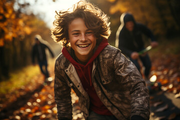 Closeup portrait of a joyful teenager riding a skateboard in an autumn park with friends. - obrazy, fototapety, plakaty