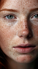 Fototapeta premium Intense close-up of a person with a freckled face, green eyes, and curly red hair. 