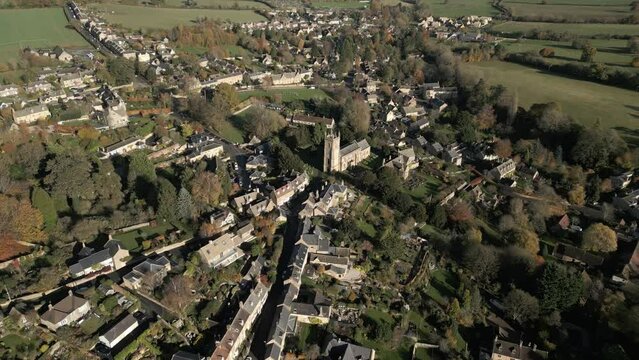 UK Village Church Cotswold UK Autumn Aerial Overhead