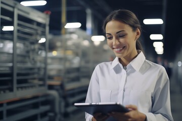 Portrait of smiling female food factory inspector using tablet and look at camera