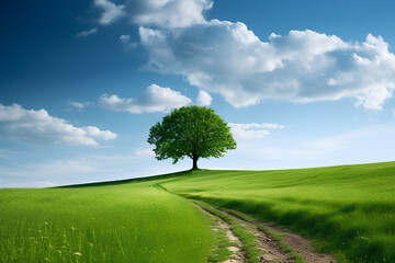 Fototapeta na wymiar A Lone Tree Standing in a Vibrant Green Field