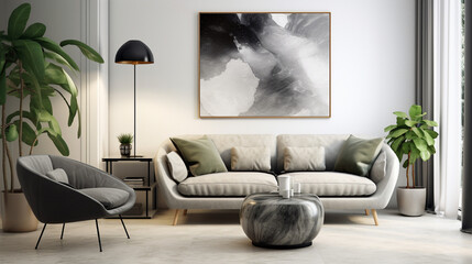 Stylish scandinavian home interior of living room with design gray sofa, armchair, marble stool, black coffee table, modern paintings, decoration, plant and elegant personal accessories in home decor 
